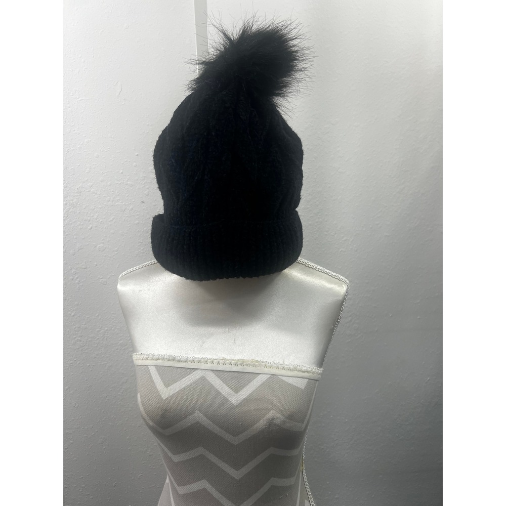 Amanda Blu Black Cable Knit Beanie Hat with Faux Fur Pom Pom Winter Cap Cuff
